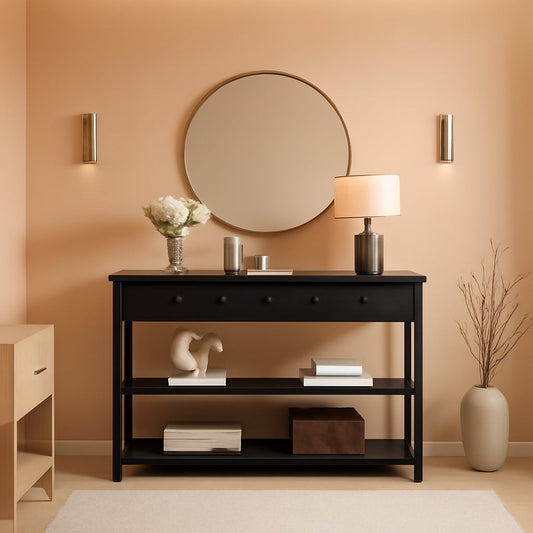 Black Console Table With USB Ports And Outlets For Living Room