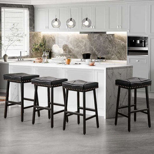 25 Inch Counter Height Bar Stools Set Of 2 In Black With PU Upholstered Saddle Seats For Comfort