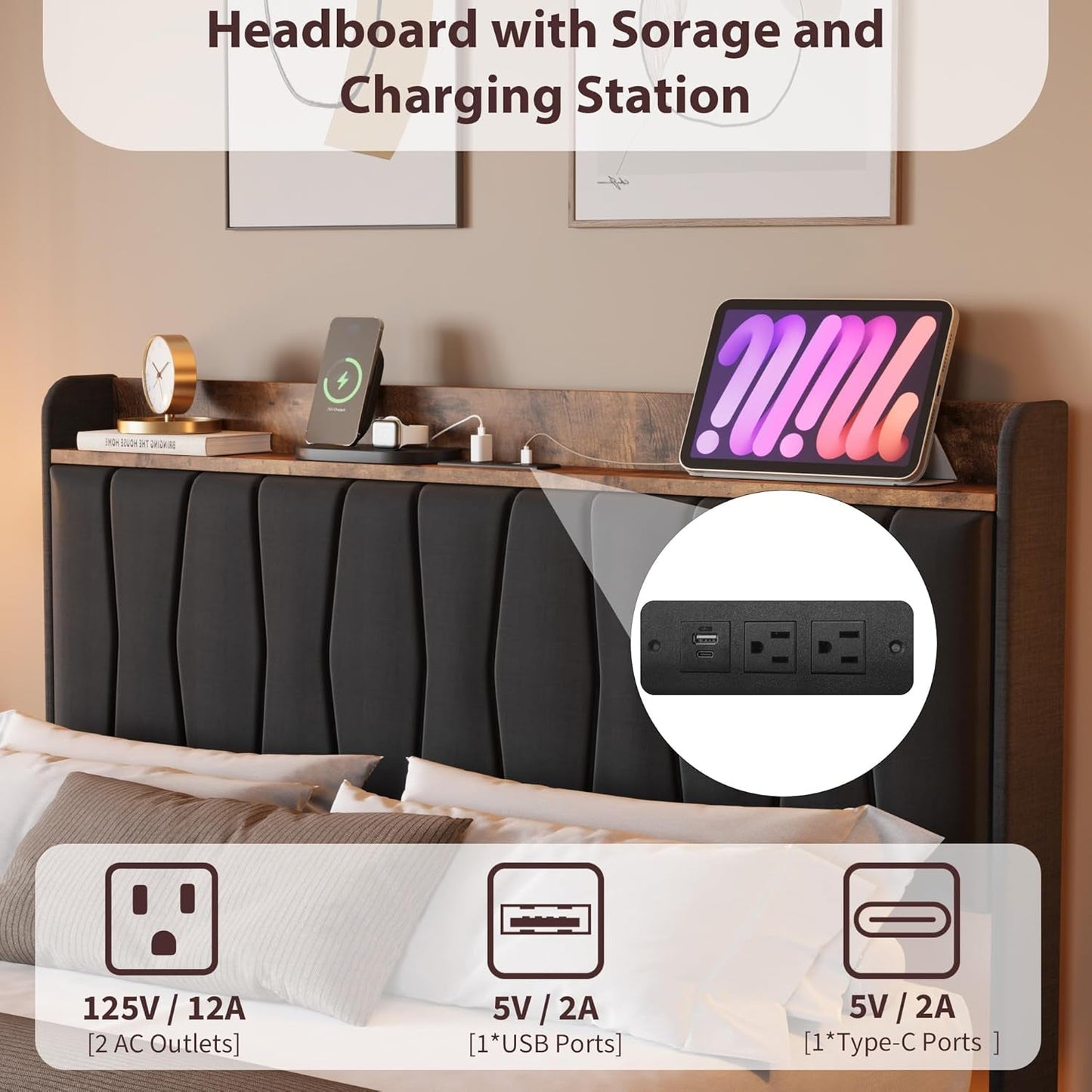 Black Floating Full Bed Frame With Storage Headboard