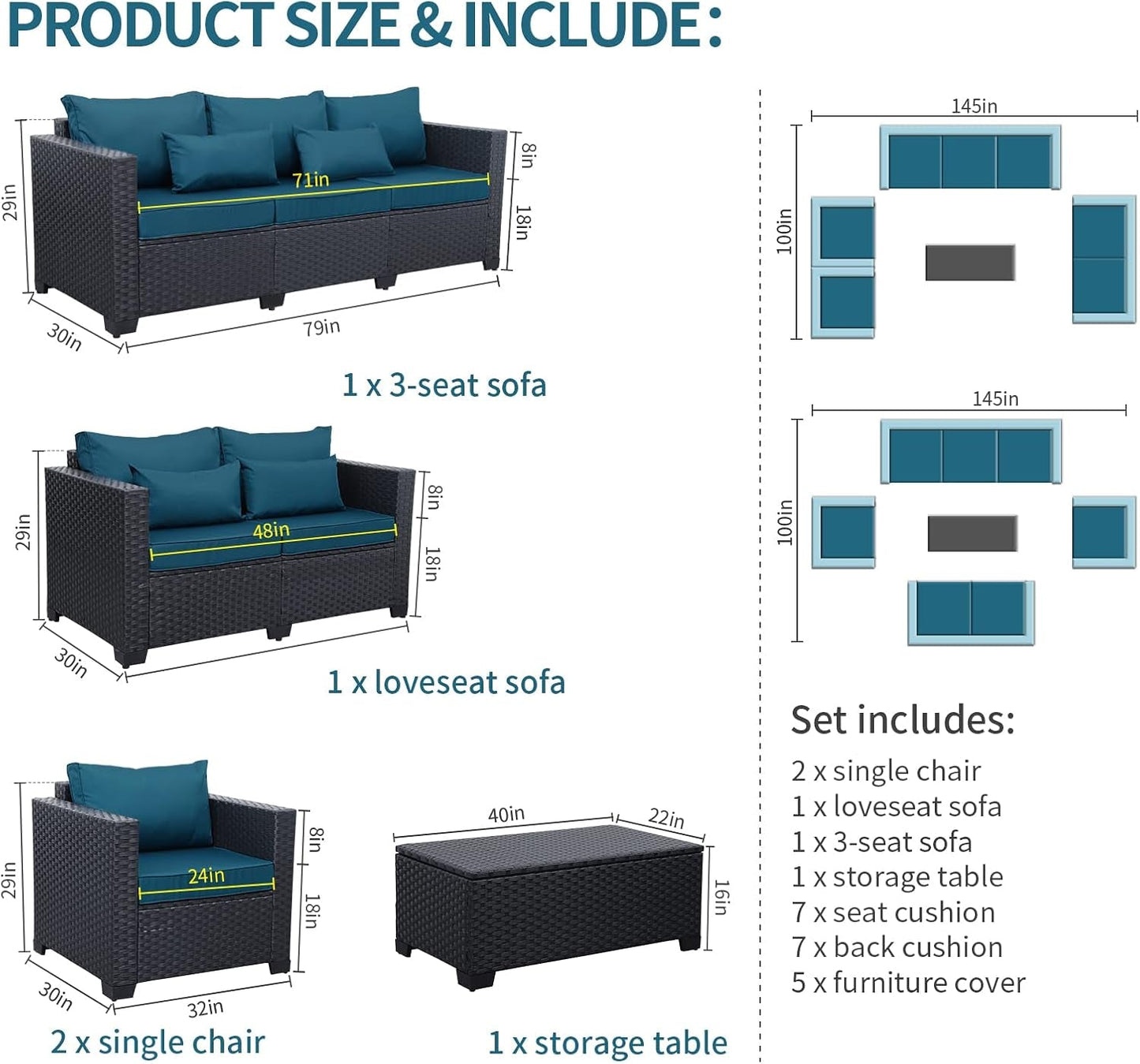 Peacock Blue 5 Piece Patio Furniture Set With Anti Slip Cushions And Covers