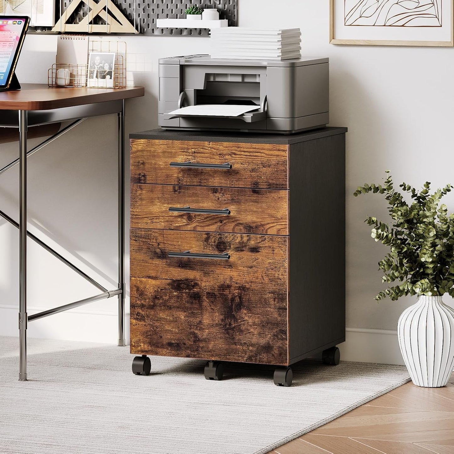 Wooden Three Drawer File Cabinet Under Desk Fits A4 Letter Size Rustic Brown Black Finish With Rolling Storage