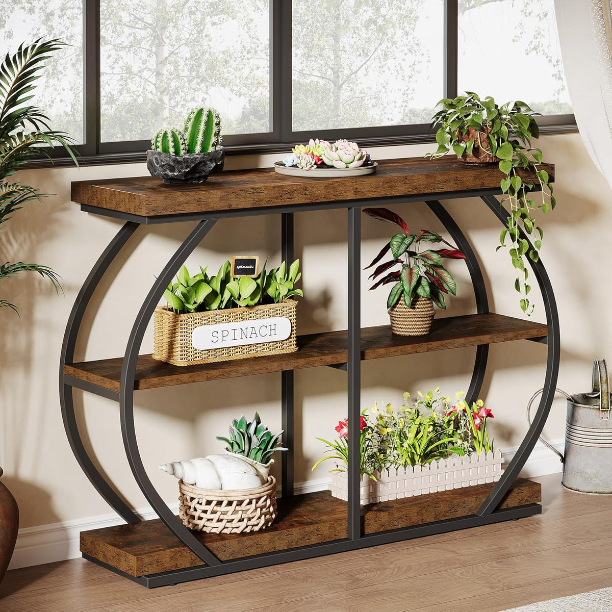 41.3" Industrial Console Table, 3-Tier Entryway Table with Arched Metal Frame