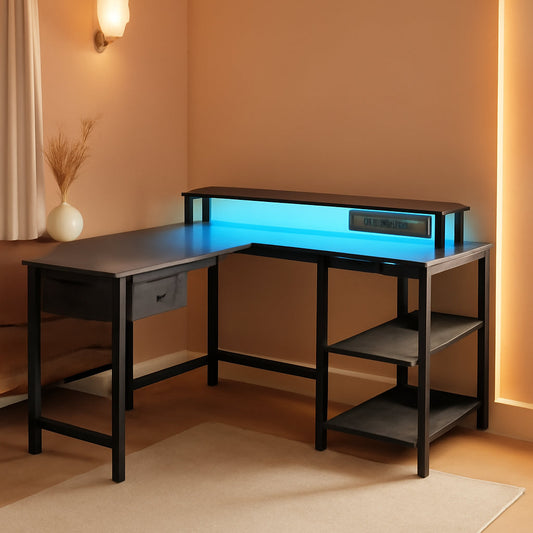 47 Inch L Shaped Desk With Led Lights And Power Outlets Grey