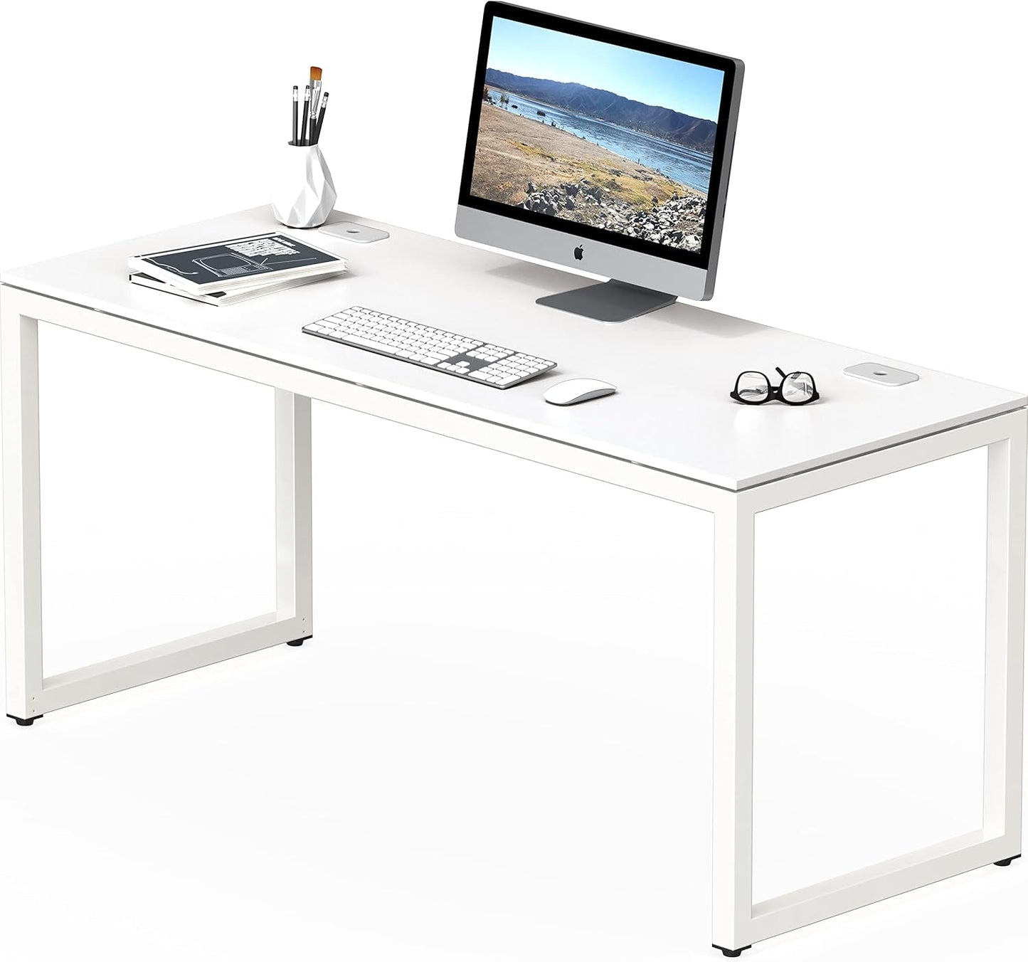 55 Inch White Computer Desk With Cord Management And Adjustable Glides