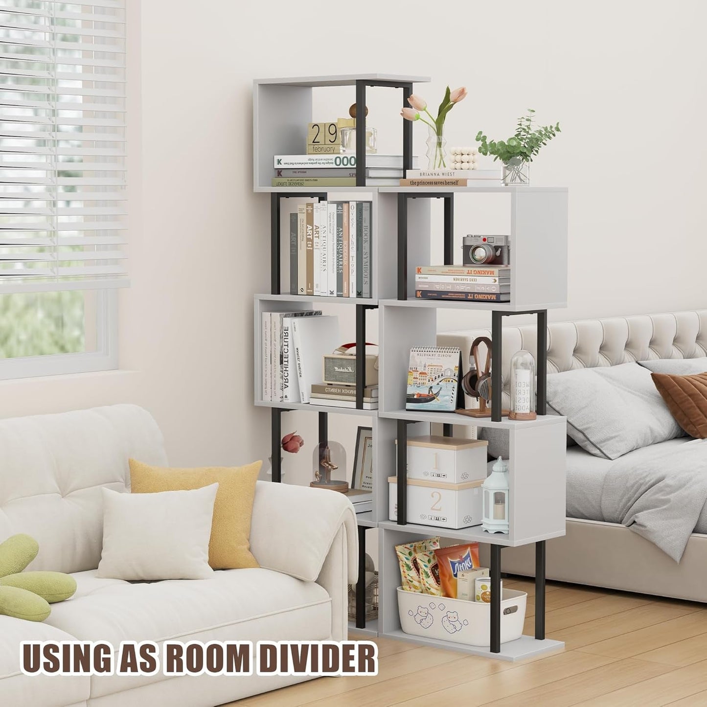 Five Tier Bookshelf White Bookcase Living Room Furniture