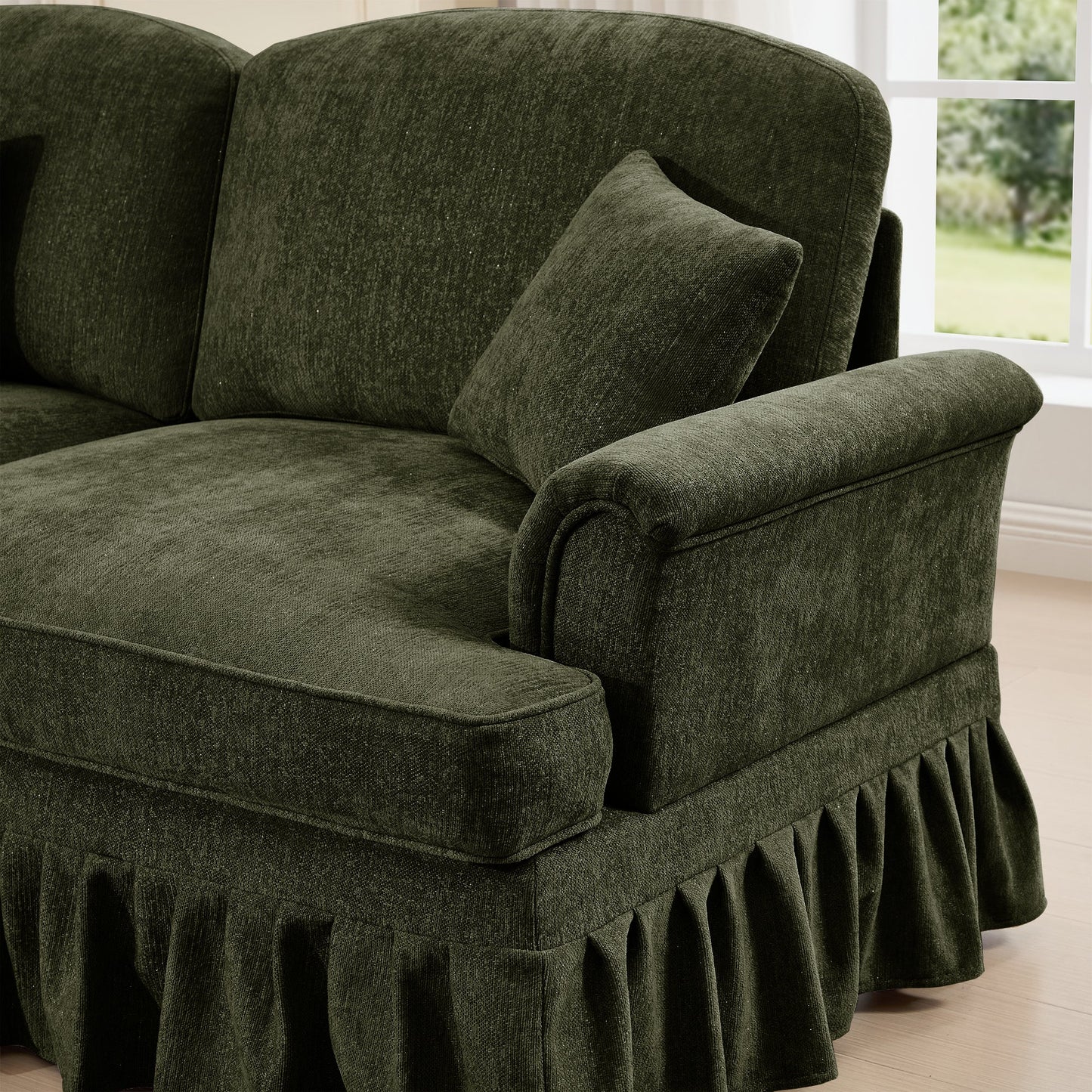 Classic Three Seater Modular L Shaped Sectional Couch with Flared Arms and Removable Ruffles Pleats Skirts and Spindle Legs, Comfy Chenille Four-Seat Deep Seat Sofa with Movable Ottoman, Green