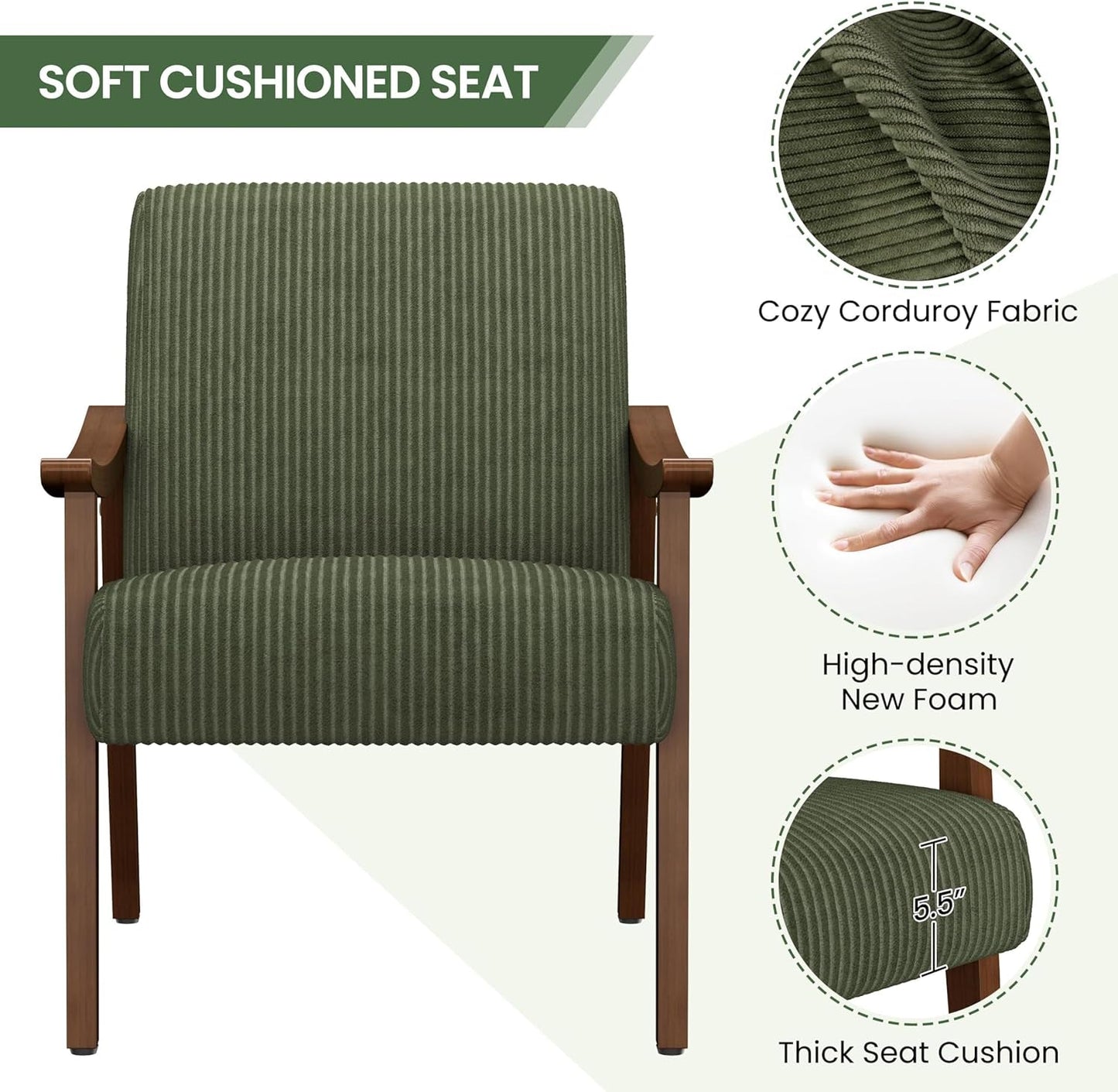 Dark Green Corduroy Armchair Mid Century Solid Wood