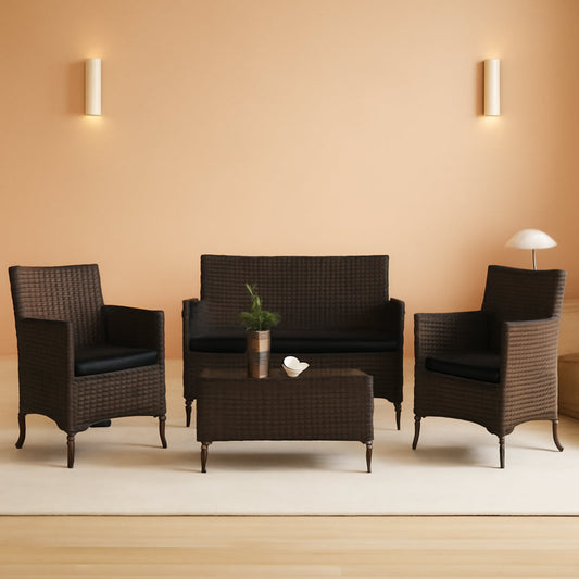 4 Piece Rattan Patio Set With Tempered Glass Table