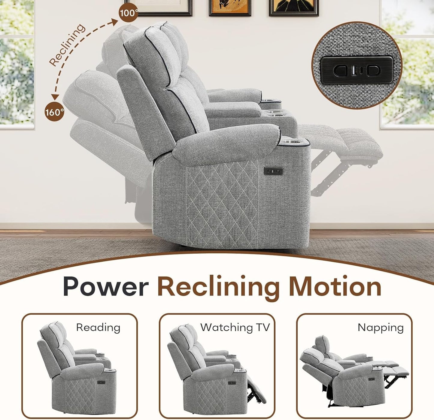 Electric Recliner Sofa USB Type C Ports Light Grey