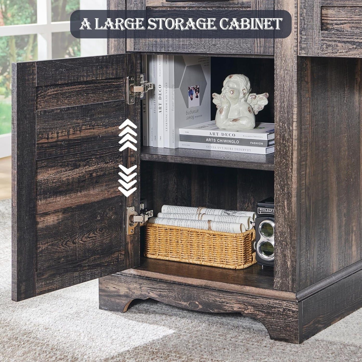 60In Farmhouse L Shaped Desk With Drawers Charging Oak