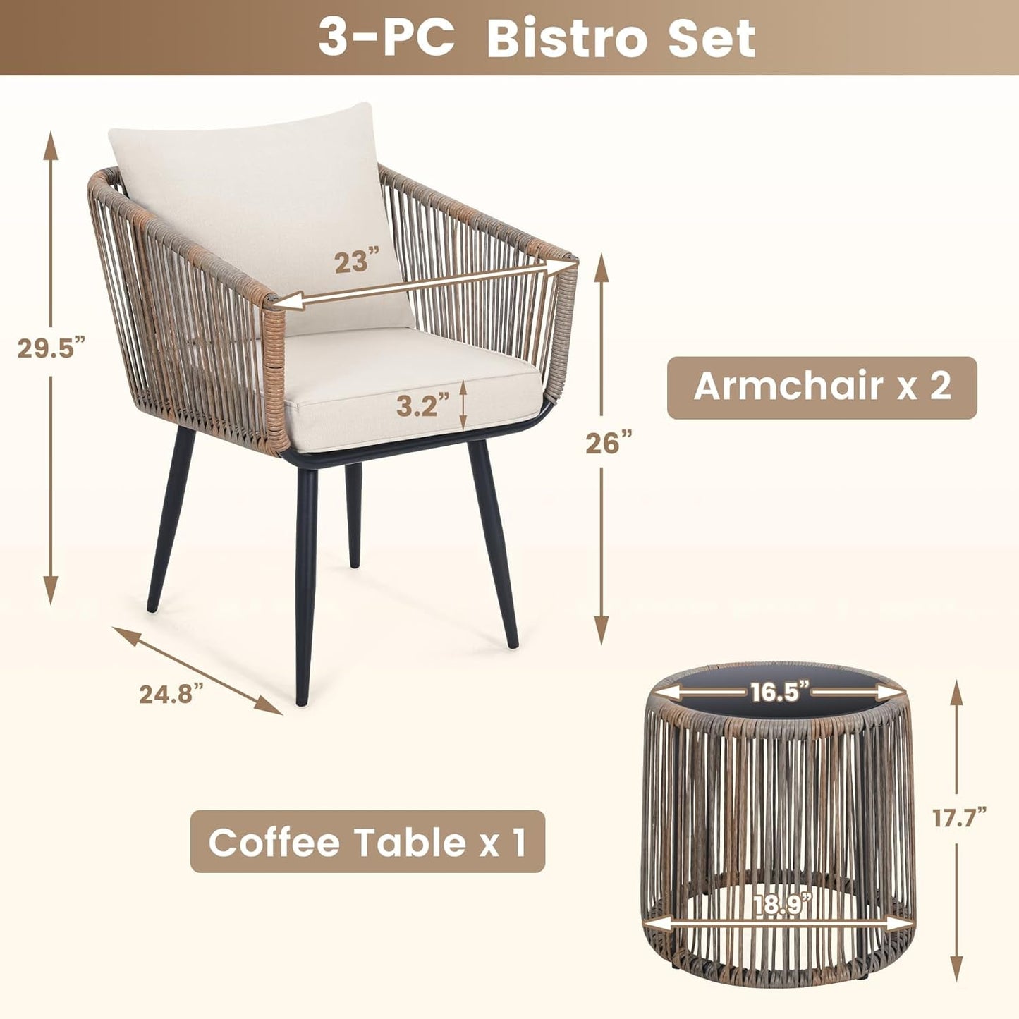 Beige 3 Piece Patio Rattan Bistro Conversation Set Outdoor Wicker Chairs And Side Table