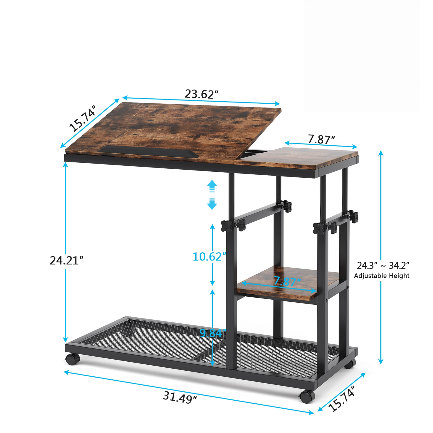 Rustic 32” Width Adjustable C-Shaped End Table with Wheels