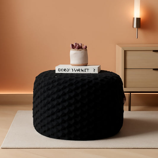 Round Plush Pouf Ottoman 20x12 Inches Black Upholstered