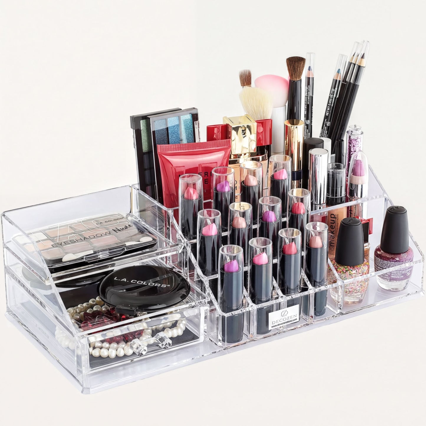 Clear Makeup Organizer - Acrylic Cosmetic Storage Box with 19 Slots & Drawer