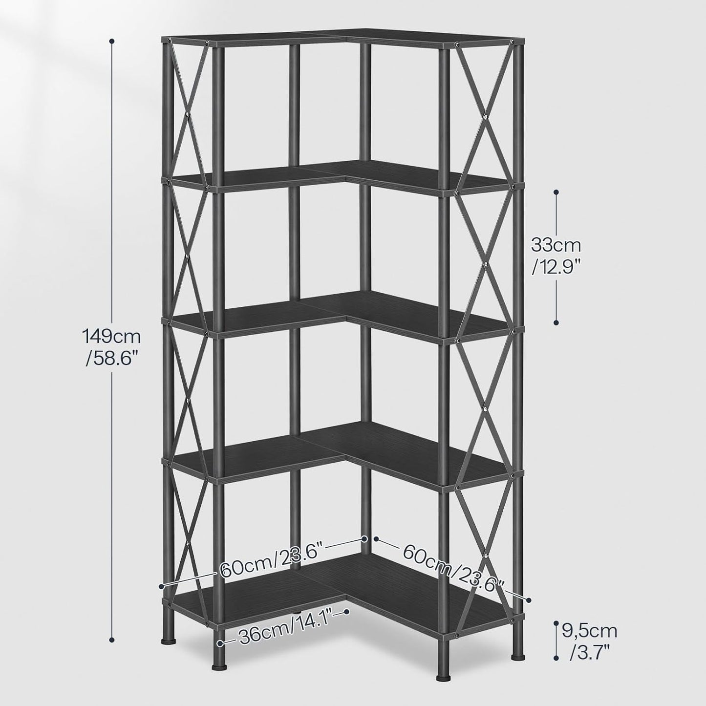 Corner Bookshelf 5 Tier L Shaped Industrial Open Display Shelf Black