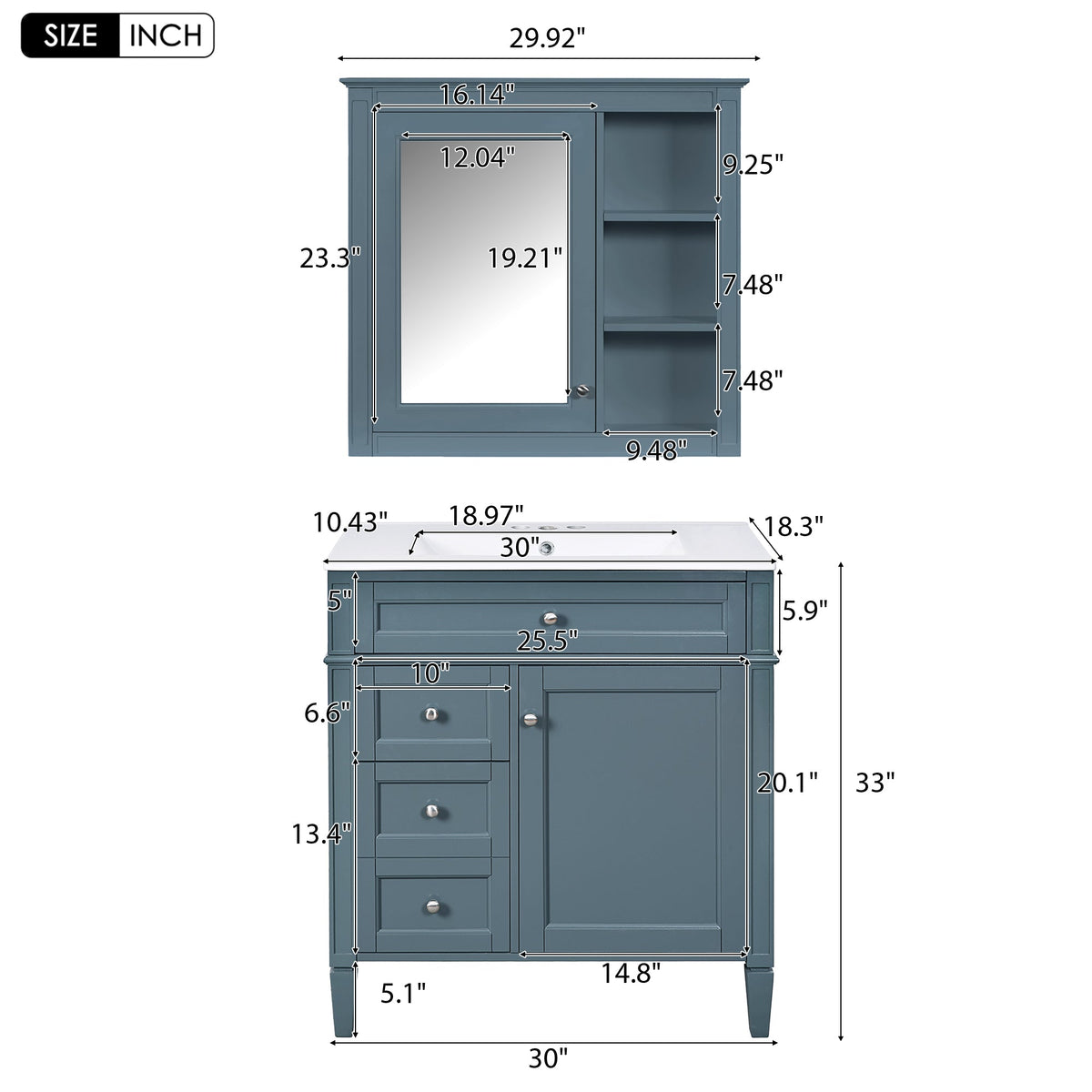 30'' Bathroom Vanity with Top Sink and Mirror Cabinet