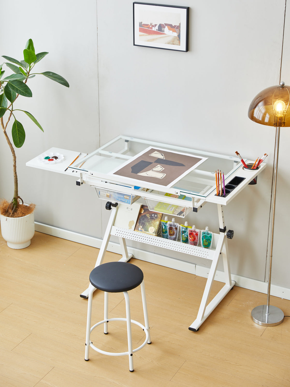 White Adjustable Tempered Glass Drafting Table with Chair