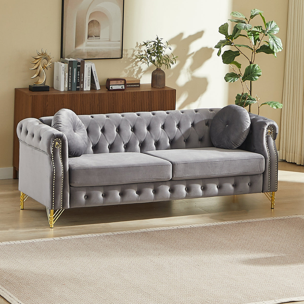 82-Inch Velvet Chesterfield Sofa with Two Round Pillows