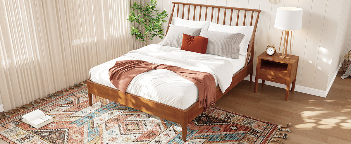 Solid Bamboo Wood Spindle Platform Queen Bed