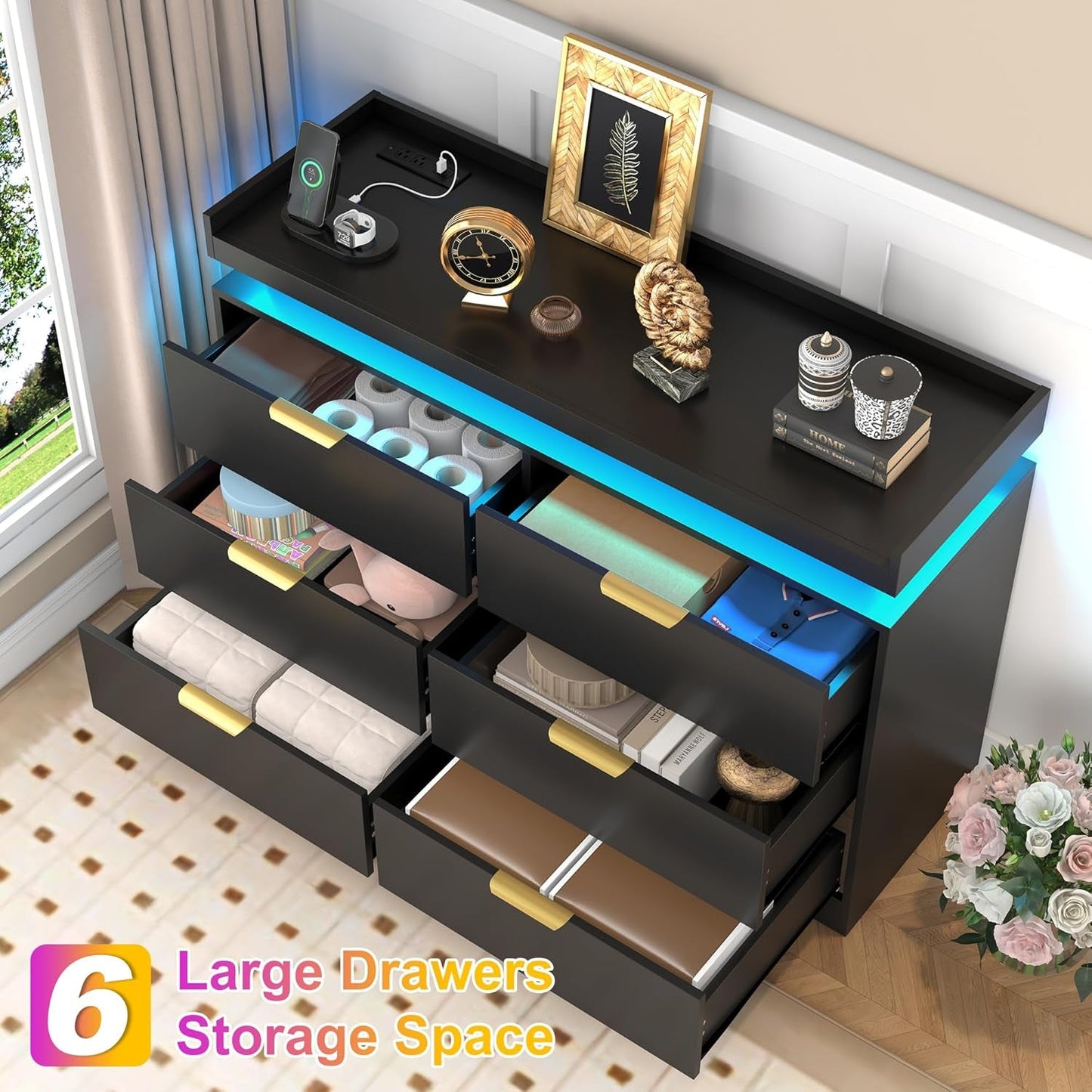 Six Drawer Dresser With LED Illumination Enhancement