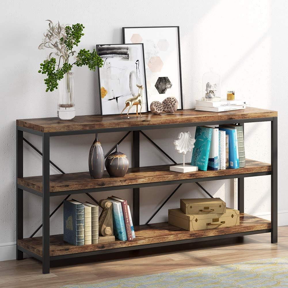 55” Industrial Console Table with Storage Shelves – Rustic