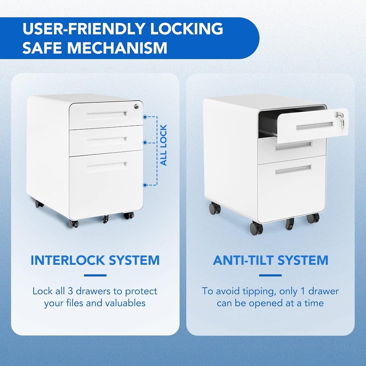 Mobile File Cabinet Home Office 3 Drawer White Under Desk