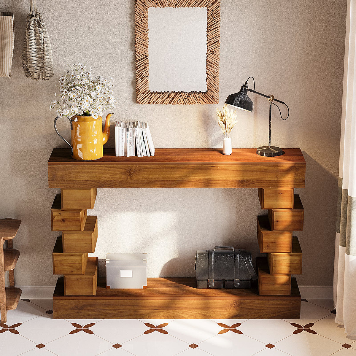 Geometric Block Stacked Wood Console Table with Warm Tone