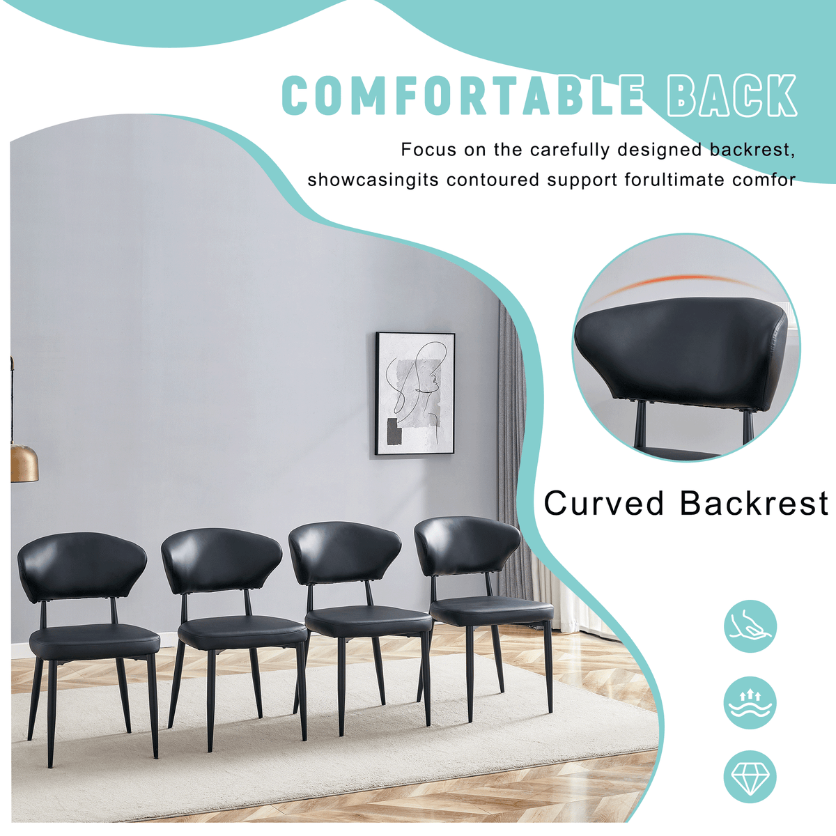 Black Minimalist Ergonomic Dining Chair - Set of 4