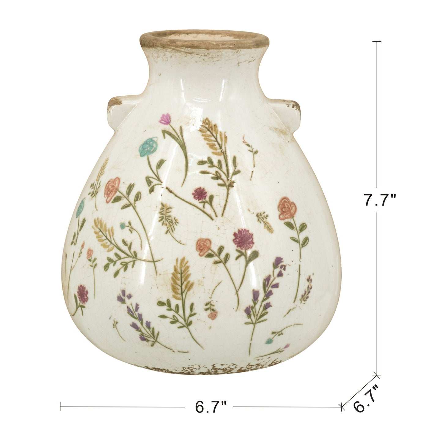 6.7x6.7x7.7" Round Ceramic Accent Vase with Multi-Colored Floral Motifs