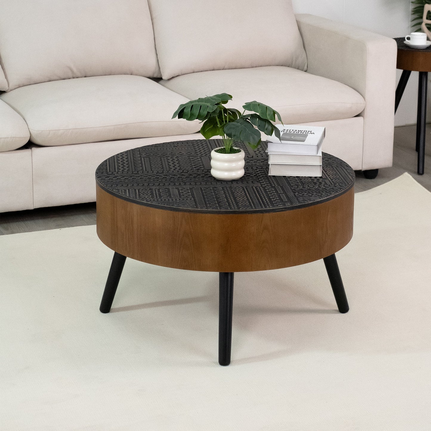 31.5" Round Carved Coffee Table with Storage Space