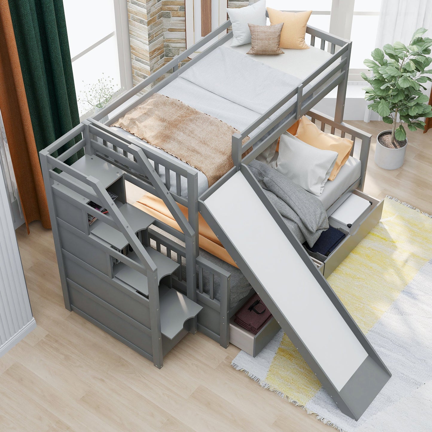 Twin Over Full Bunk Bed with Drawers, Storage and Slide