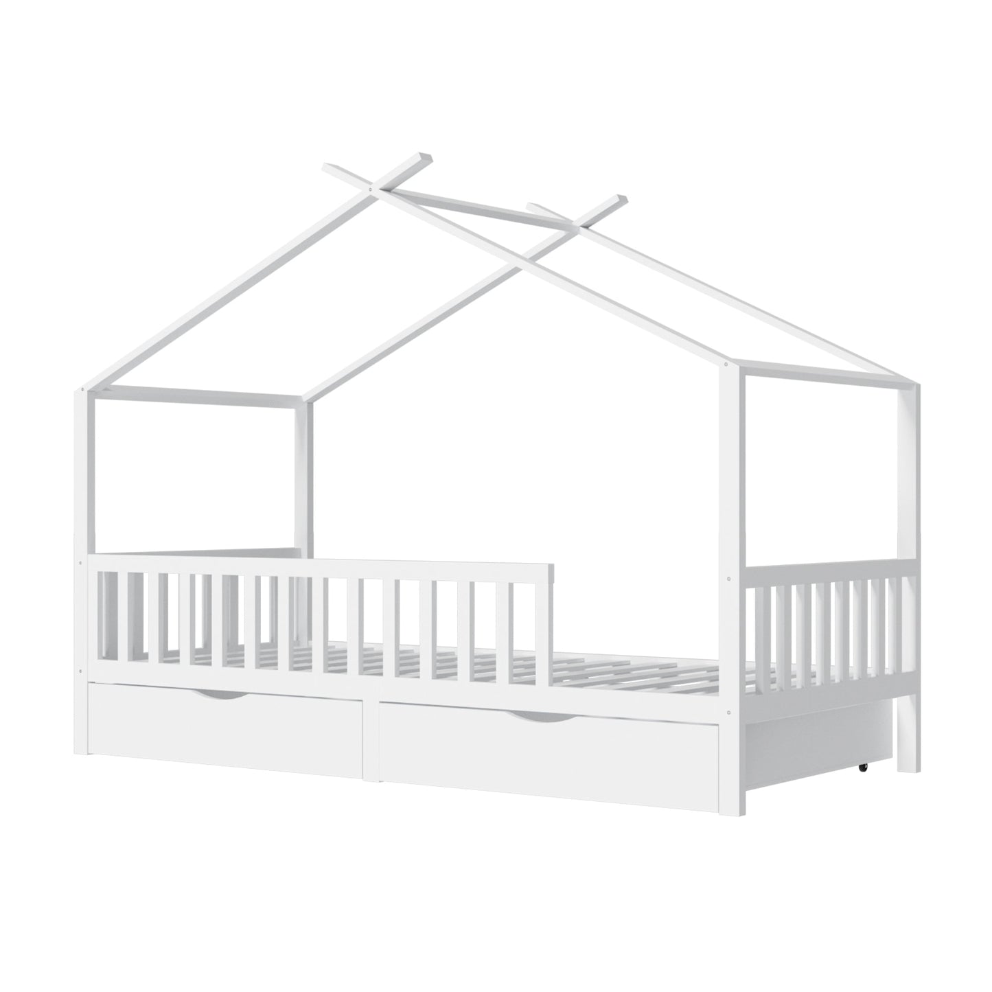 Full House Bed with 2 Storage Drawers, Kids Full Bed Frame with Rails and Roof, Tent Bed, Wooden Full Daybed, Full Montessori Bed for Kids Teens Girls & Boys, No Box Spring Needed (White)