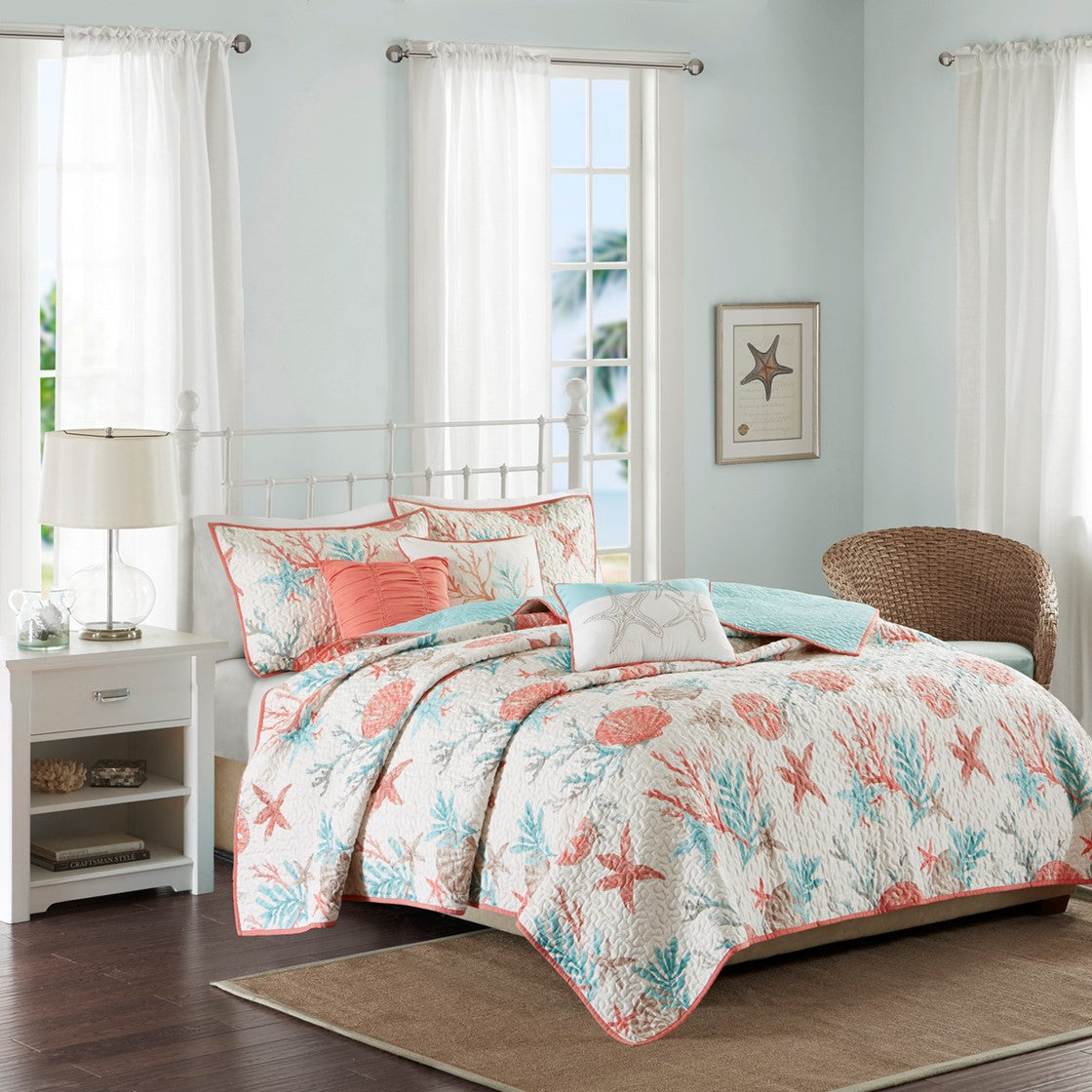6 Piece Cotton Sateen Quilt Set with Throw Pillows - Coral Full/Queen