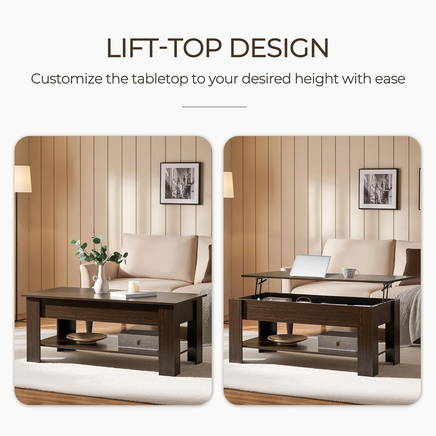 Espresso Lift Top Coffee Table With Hidden Compartment