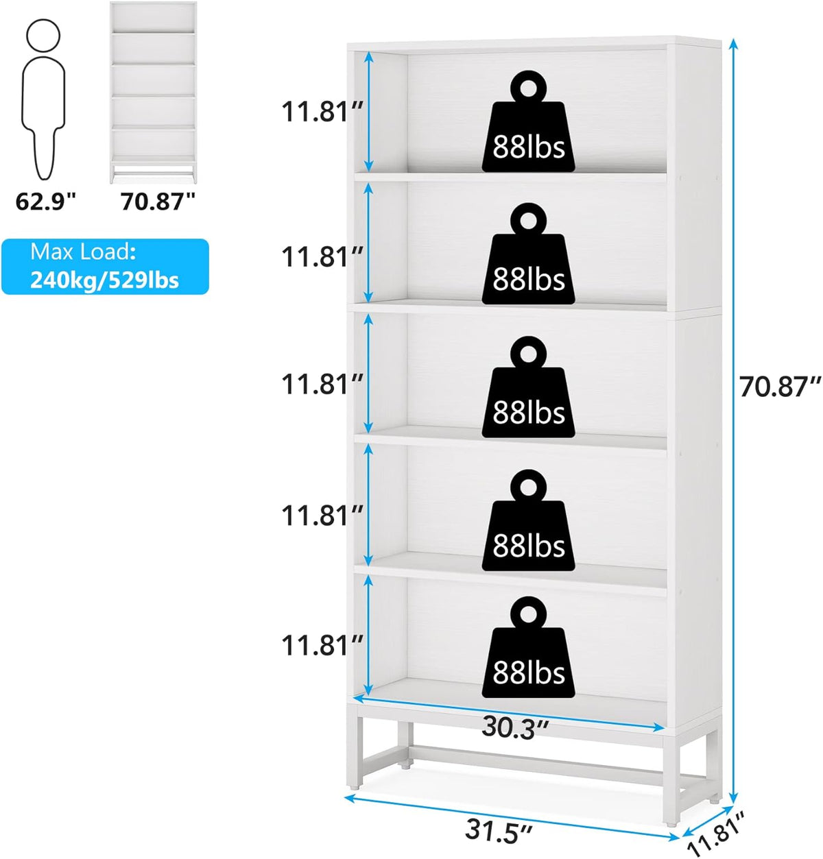 70.87" 5-Tier Heavy Duty Library Bookshelf