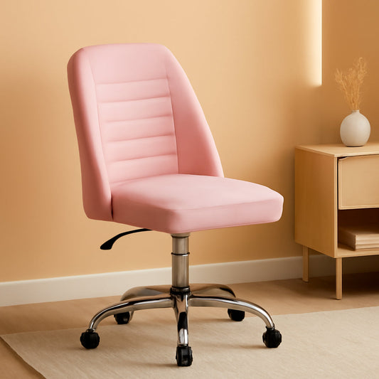Pink PU Leather Armless Office Chair With Rolling Wheels