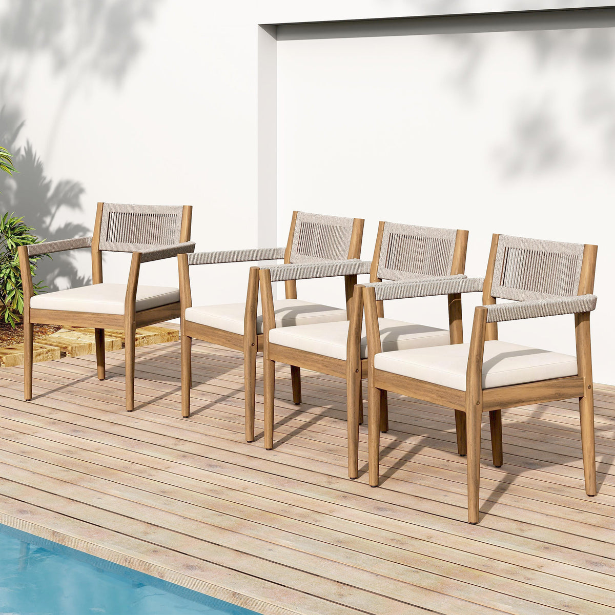 Braided Acacia Wood Outdoor Dining Chairs Set of 2