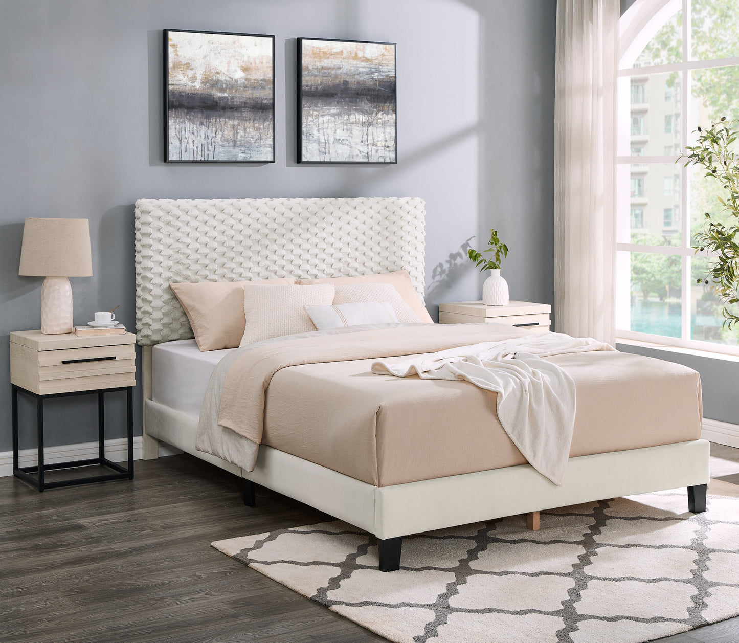 Findlay 3-Piece Bedroom Set, Plush 3D Upholstered Bed with Two Nightstands, Full