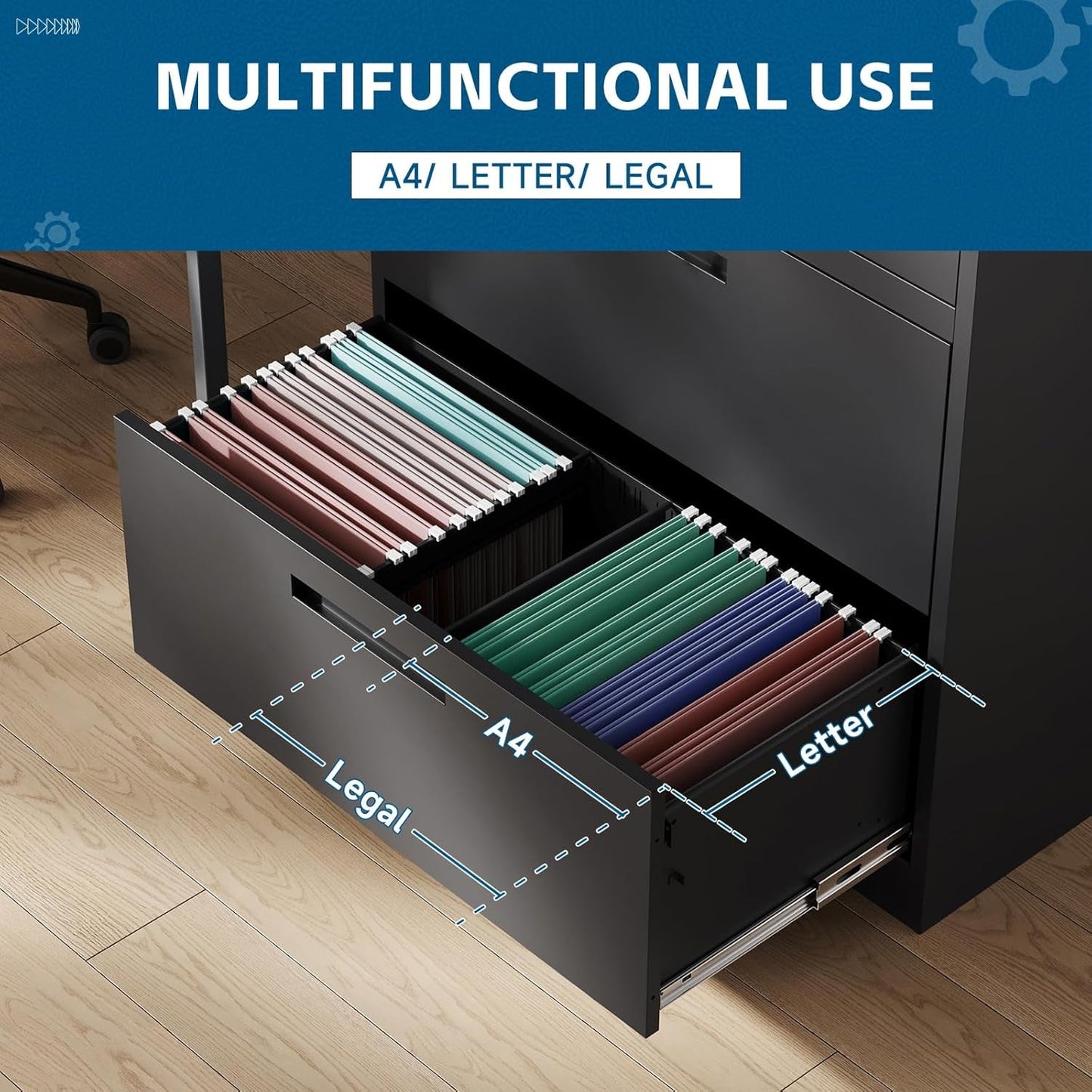 Three Drawer Metal File Cabinet Locking With Storage Shelves Black For Legal Letter A4 Documents