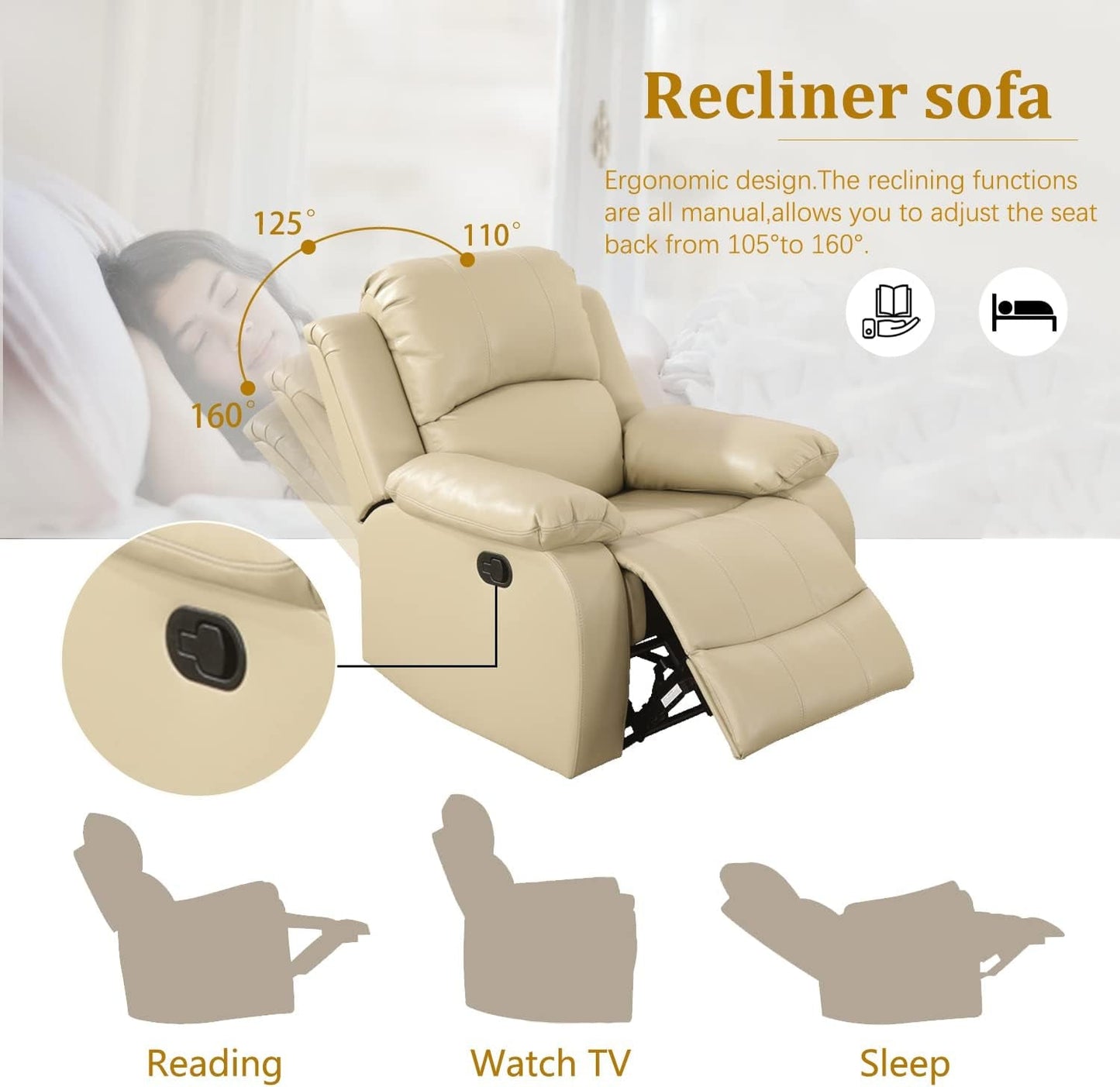 Beige Manual Leather 3 Piece Recliner Sofa Set For Living Room