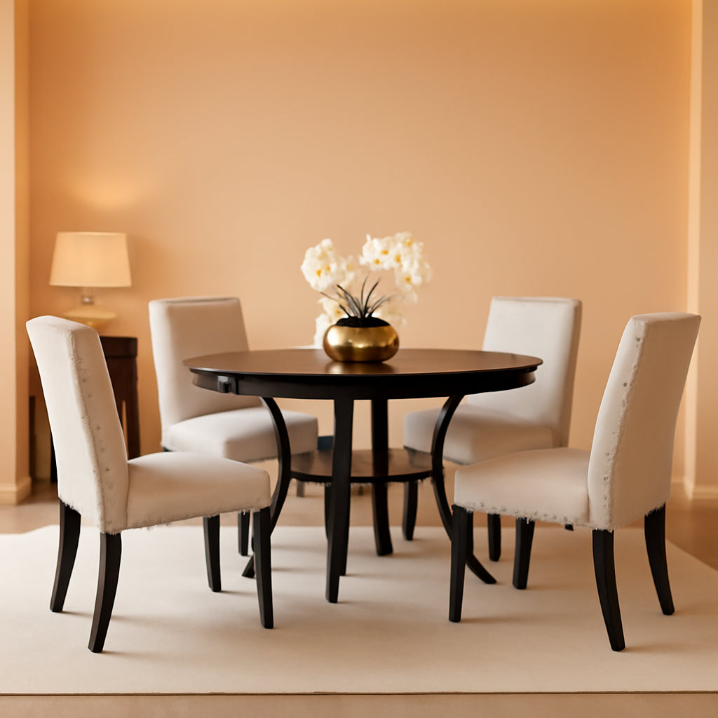Tan Fabric Nailhead Dining Set 5 Piece Round Table
