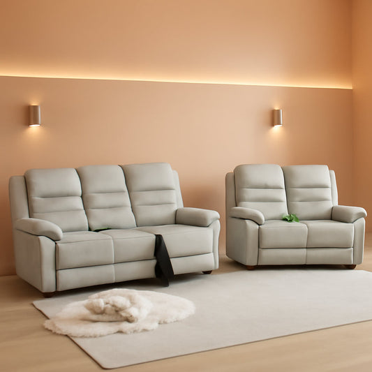Power Reclining Leather Sofa Set With USB Port Light Grey