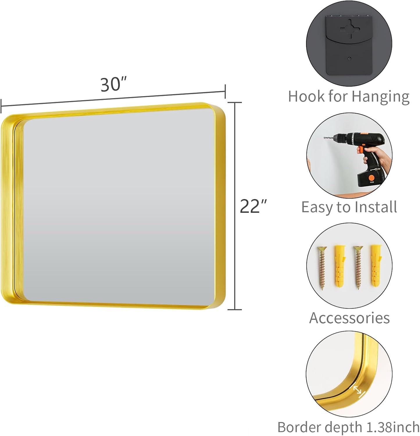 Bathroom Mirror 22x30 Inch Wall Mounted Gold Frame Tempered
