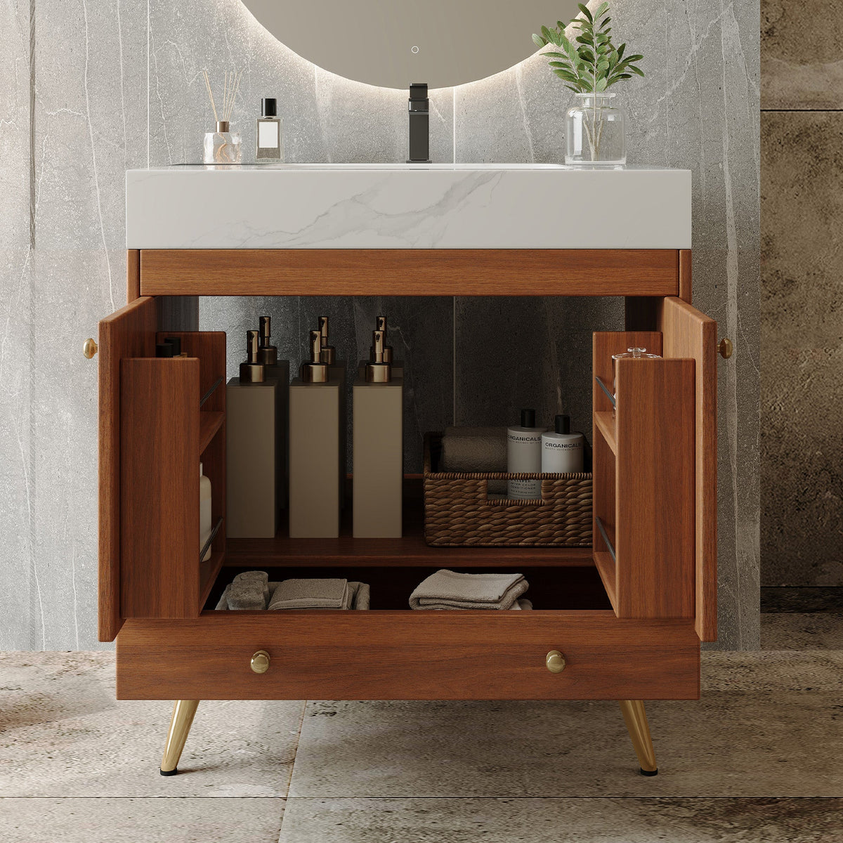 Mid-Century Freestanding Bathroom Vanity with Faux Marble Top
