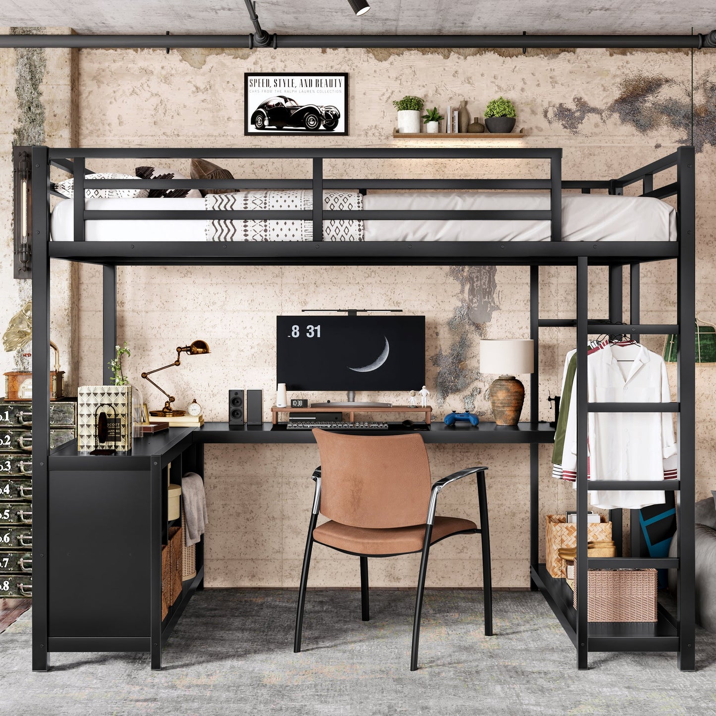 Metal Loft Bed with Wardrobe and L-shaped Desk, Twin XL Size Loft Bed with Storage Cubes and Shelves, Loft Bed for Kids Teens Adults, Black