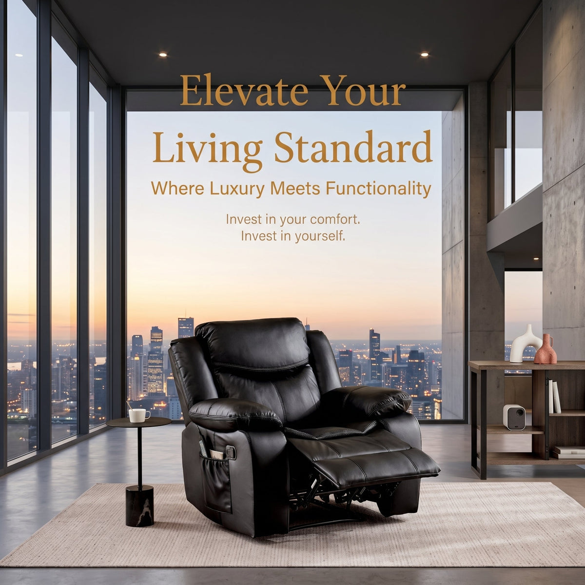 Black Color Air Leather Recliner Chair With Vibration And Heating