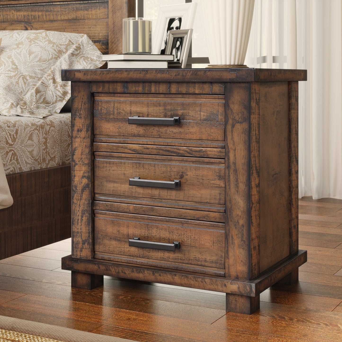 Rustic Three Drawer Reclaimed Solid Wood Nightstand