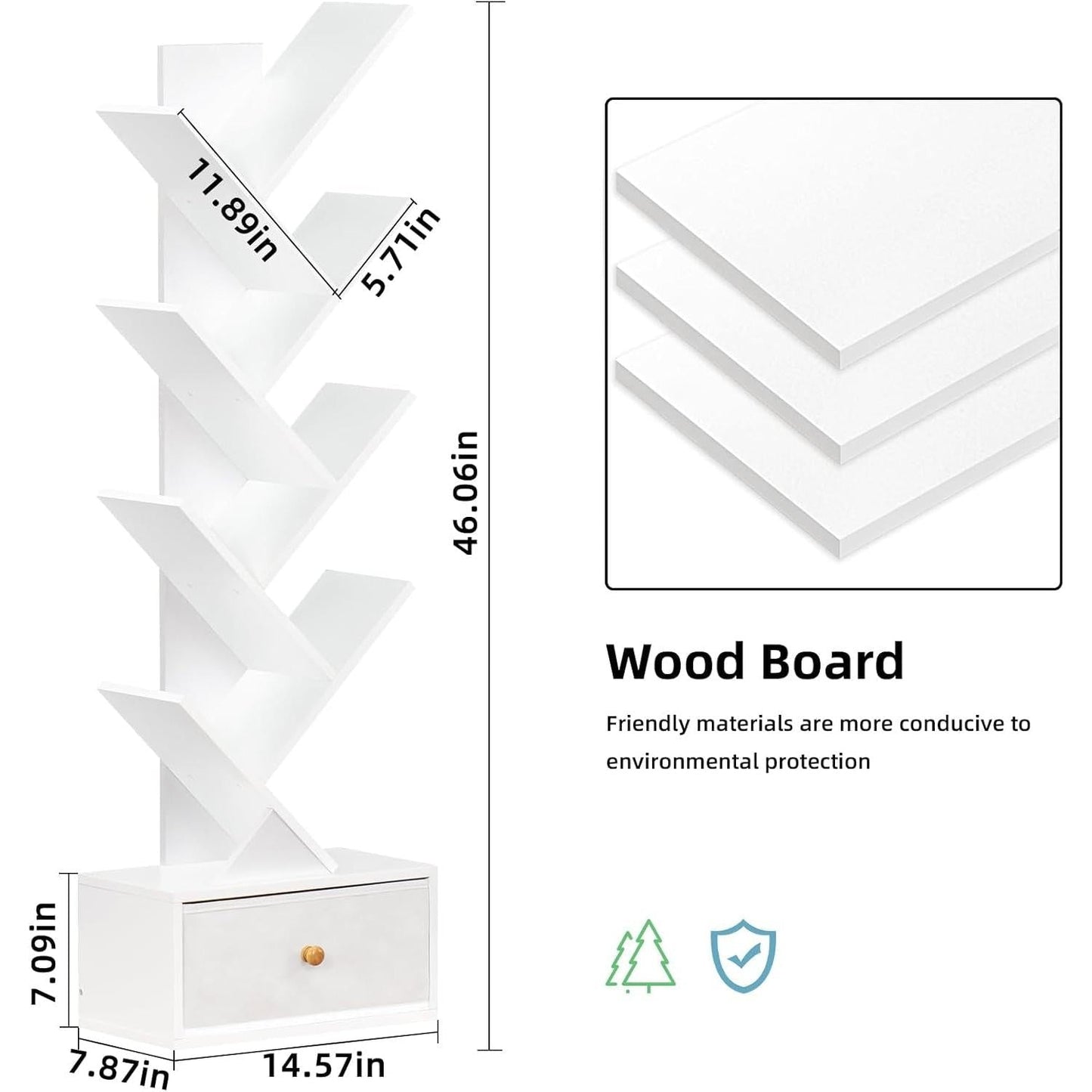 8 Tier Tree Bookshelf With Drawer White Wood Space Saving