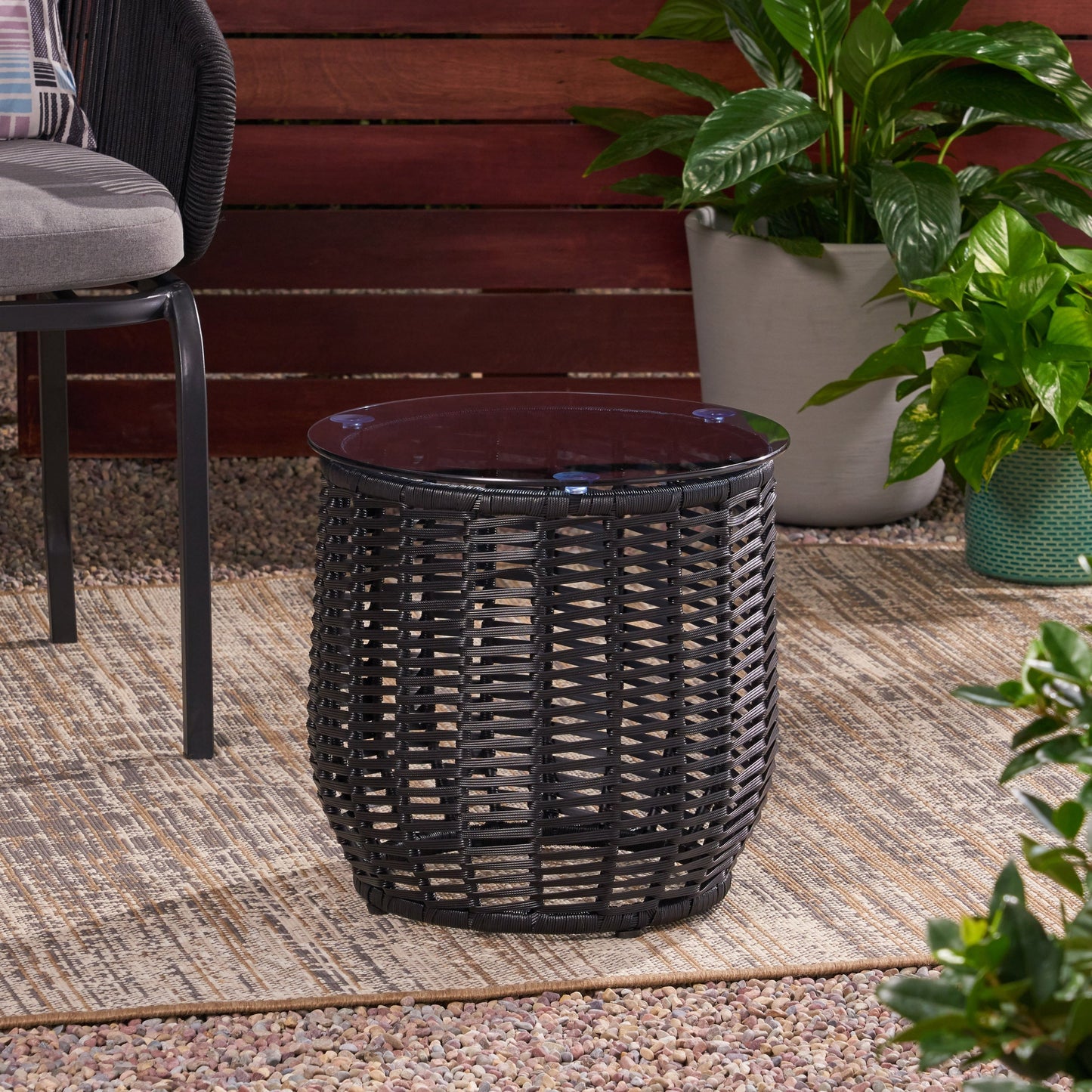 Boho ARIAS Side Table with Tempered Glass Top and Rattan Wrap