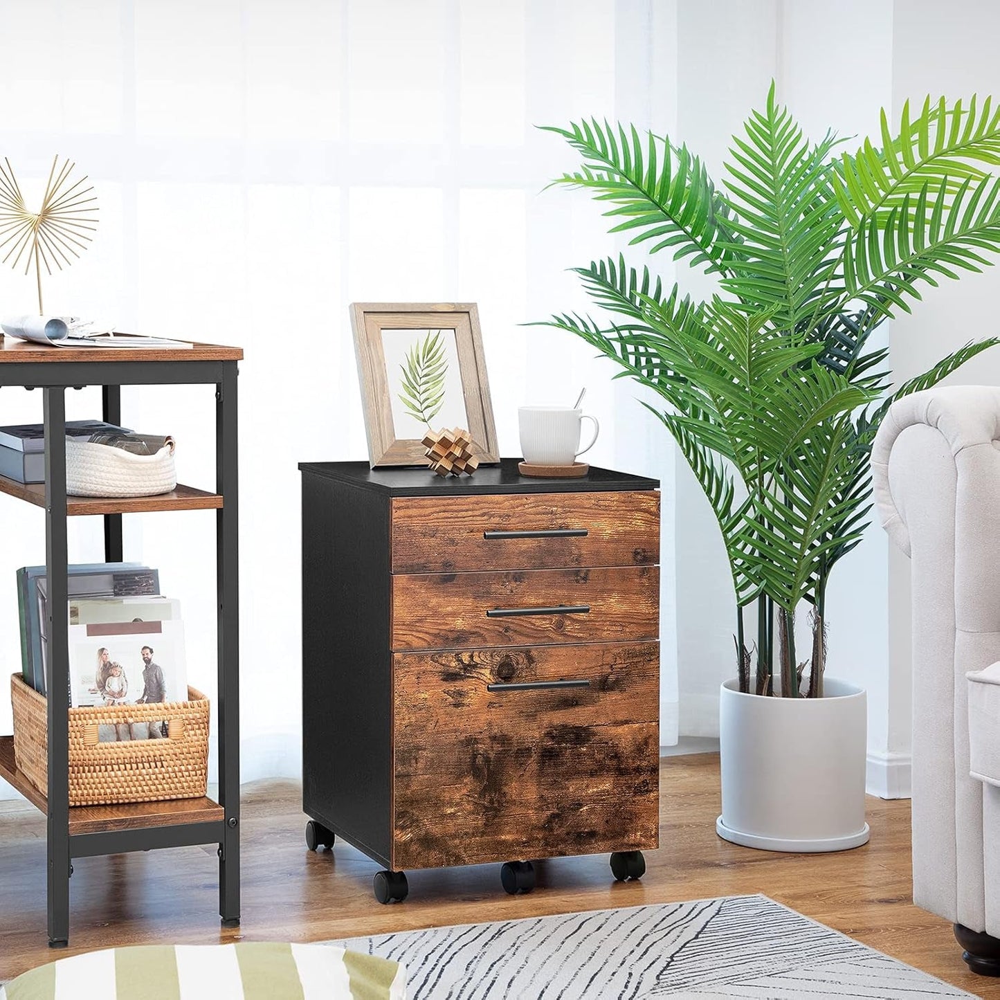 Wooden Three Drawer File Cabinet Under Desk Fits A4 Letter Size Rustic Brown Black Finish With Rolling Storage